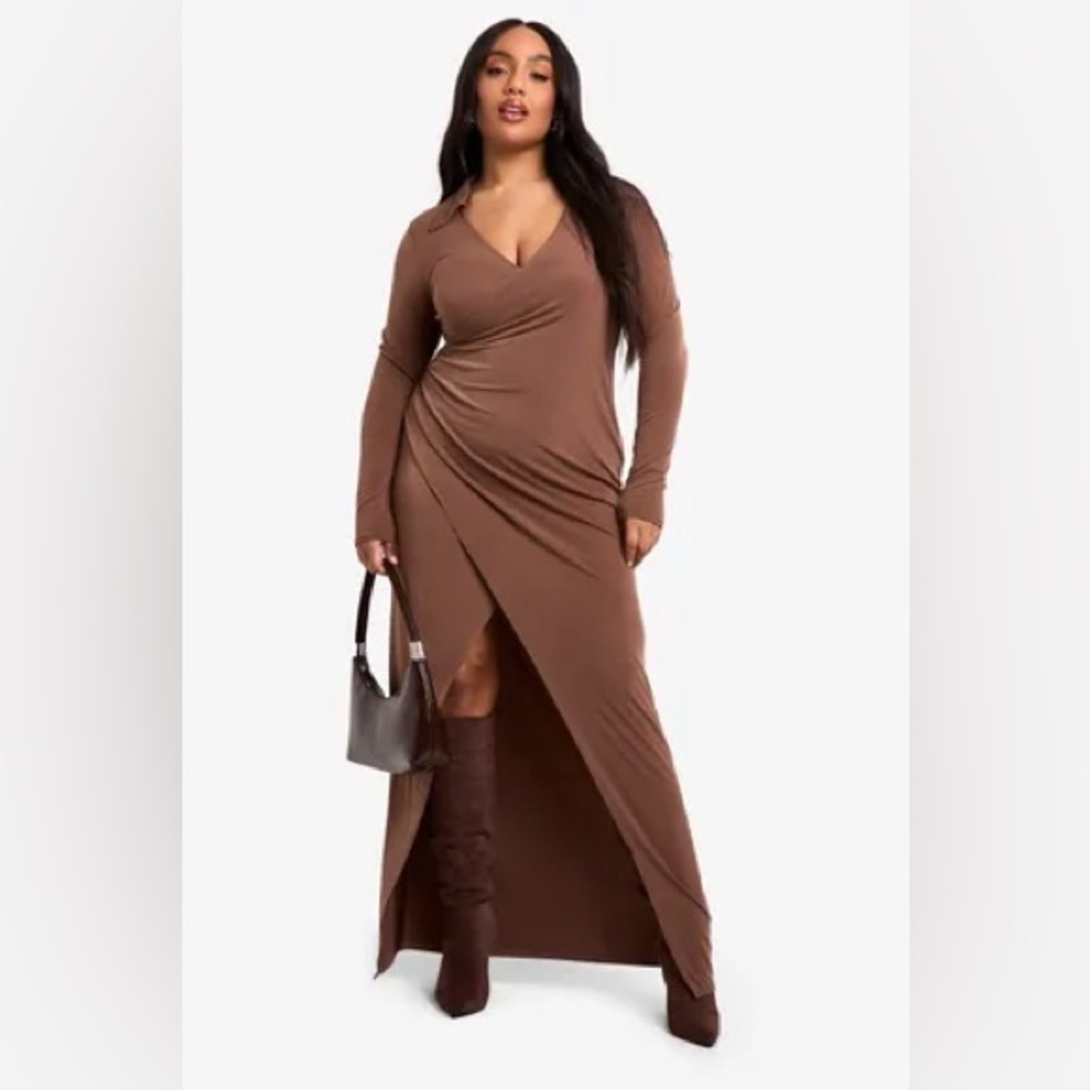 🌸Boohoo gold metallic long-sleeve midi dress Sz 12